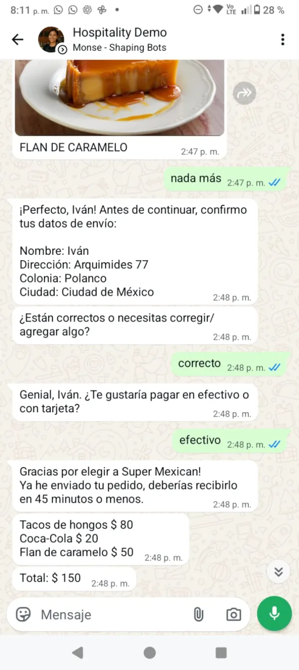 Conversación de WhatsApp donde el Agente de IA confirma un pedido a domicilio y envía la cuenta