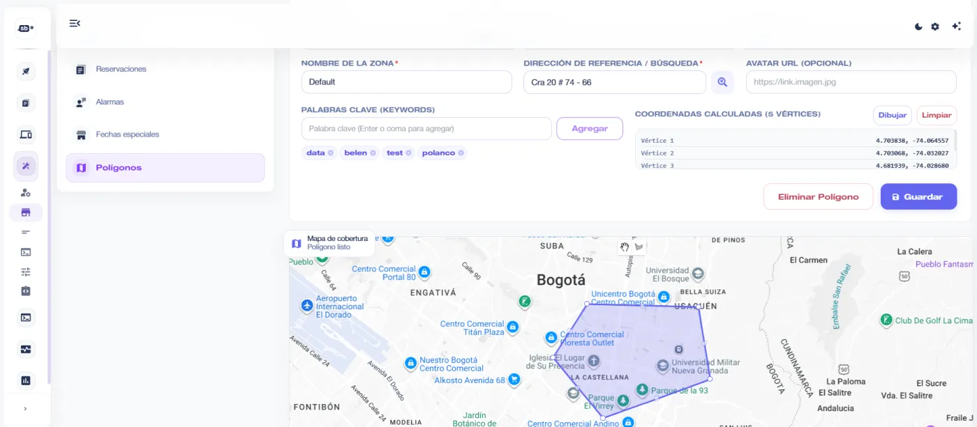 Mapa con el polígono de cobertura de domicilios de una sede