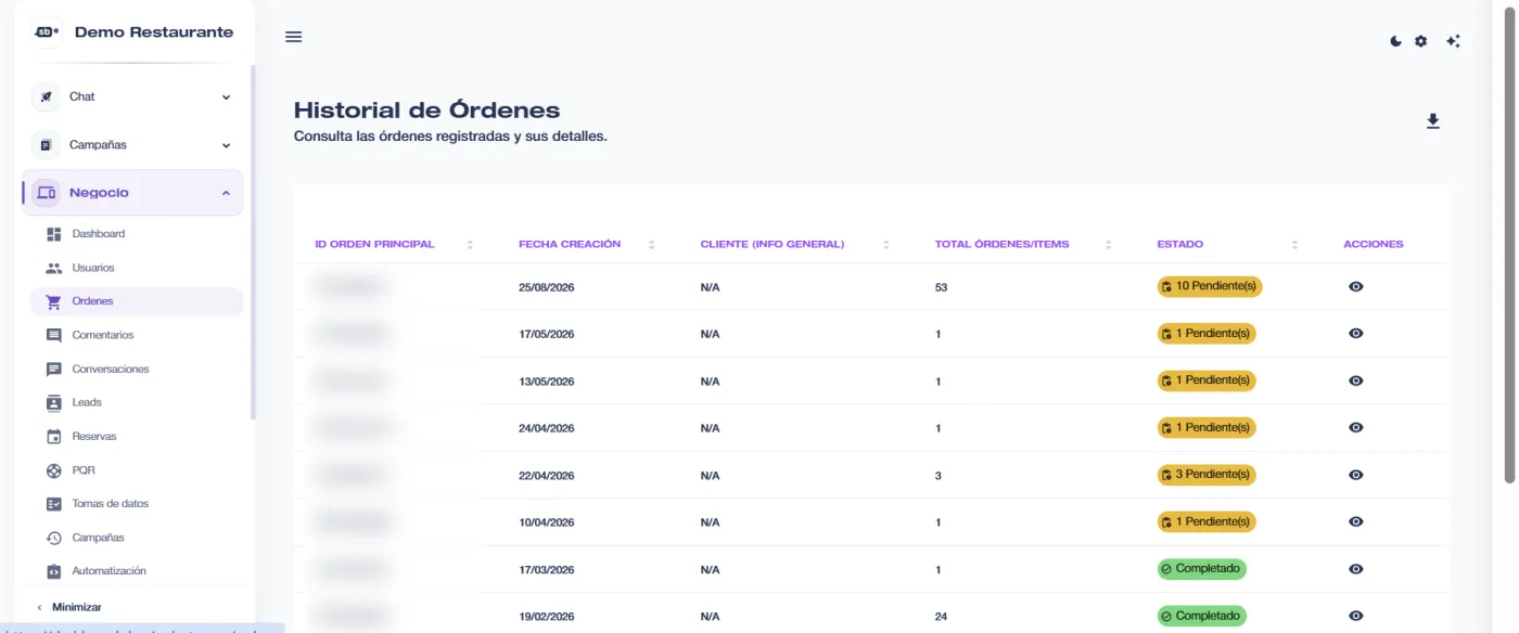 Historial de órdenes con opción de descarga