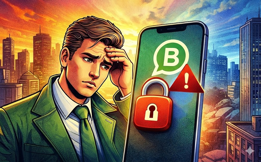 Ilustración de un empresario preocupado mirando su celular con un ícono de WhatsApp bloqueado y una alerta de seguridad, representando el bloqueo de cuentas de WhatsApp